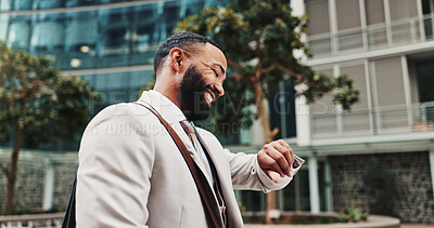Buy stock photo Businessman, happy or check watch in city for time management, agenda or early for interview. Person, smile or outdoor with wristwatch for commute schedule, appointment or excited for new opportunity
