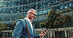 Business, smile and man with smartphone, outdoor and internet with social media, message to contact or travel. Mature person, texting and employee in city, cellphone or digital app for communication