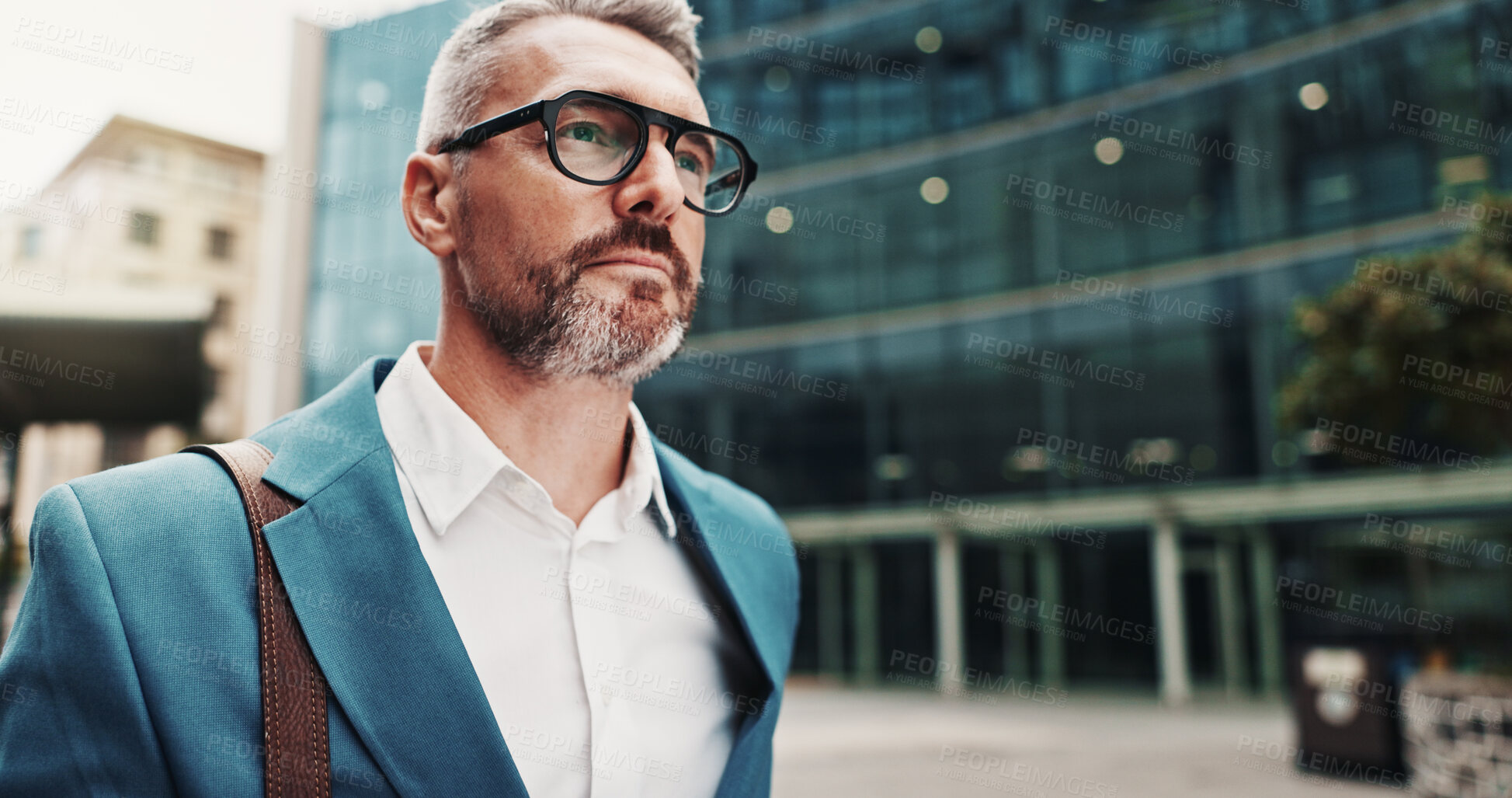 Buy stock photo Thinking, travel and mature businessman in city for morning commute, vision or real estate solution. Planning, outdoor and corporate manager with ideas for building investment or realtor with insight