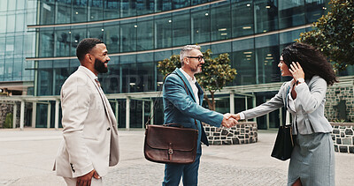 Buy stock photo City, business people and happy with handshake for welcome, greeting and agreement for realtors. Urban, clients and real estate agent with shaking hands for introduction, deal success and partnership