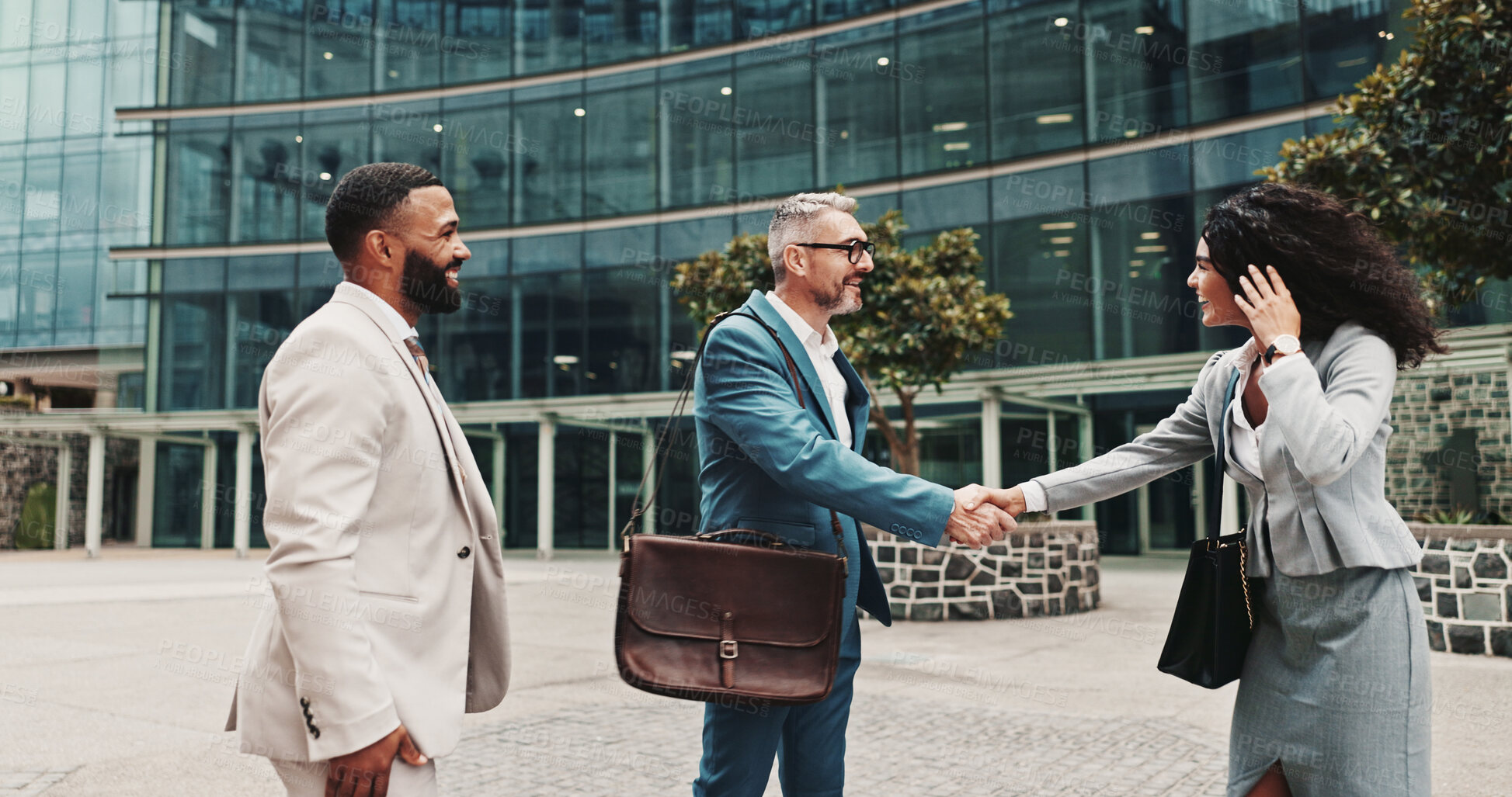 Buy stock photo City, business people and happy with handshake for welcome, greeting and agreement for realtors. Urban, clients and real estate agent with shaking hands for introduction, deal success and partnership