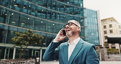 Buy stock photo City, businessman and laugh with phone call for talking, networking and lawyer for case update. Travel, happy and mature attorney with mobile for justice feedback, legal aid and funny chat to contact
