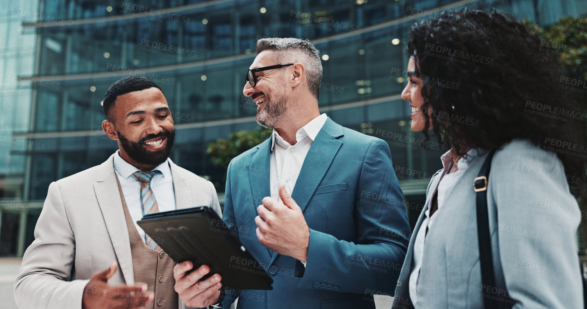 Buy stock photo City, business people and talking with tablet for laughing, case information and team of lawyers. Urban, collaboration and attorneys with mature advocate for digital report, justice feedback and joke