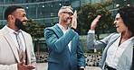 High five, success and happy business people in city for celebration, team building and agreement. Corporate, professional and men and women for collaboration, support and teamwork in urban town