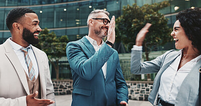 Buy stock photo High five, success and happy business people in city for celebration, partnership and agreement. Corporate, professional and men and women for collaboration, support and teamwork in urban town
