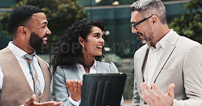 Buy stock photo Achievement, colleagues and people with tablet, excited and positive feedback for project and outdoor. Account manager, group and success of sales for business, city and tech with info for team