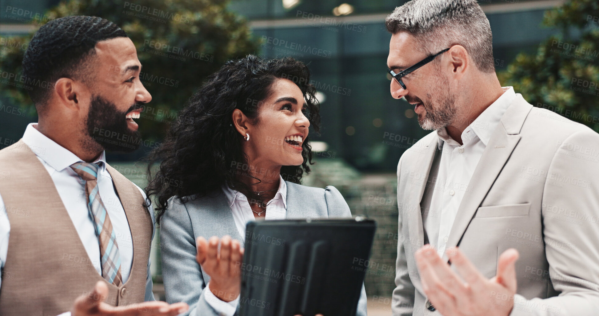 Buy stock photo Achievement, colleagues and people with tablet, excited and positive feedback for project and outdoor. Account manager, group and success of sales for business, city and tech with info for team