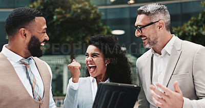 Buy stock photo Collaboration, colleagues and people with tablet, celebration and review of positive feedback for project. Account manager, group and achievement of sales for business, success and tech with info