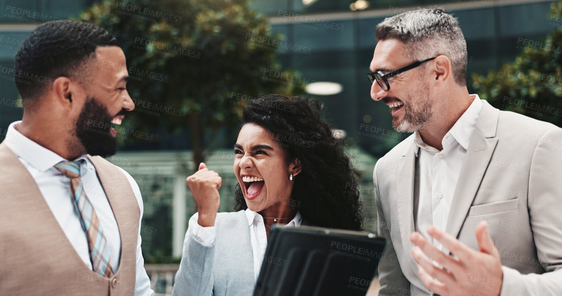 Buy stock photo Collaboration, colleagues and people with tablet, celebration and review of positive feedback for project. Account manager, group and achievement of sales for business, success and tech with info