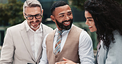 Buy stock photo Happy, colleagues and group with tablet, business and review of positive feedback for project and outdoor. Account manager, people and employees with tech for collaboration, corporate and discussion