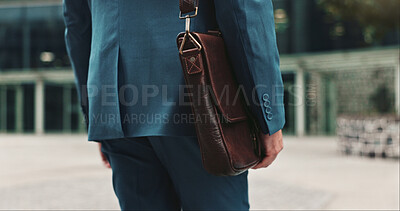 Buy stock photo Bag, city and commute with business person outdoor for start of work or travel to office from back. Journey, morning and opportunity with employee walking downtown for professional career closeup