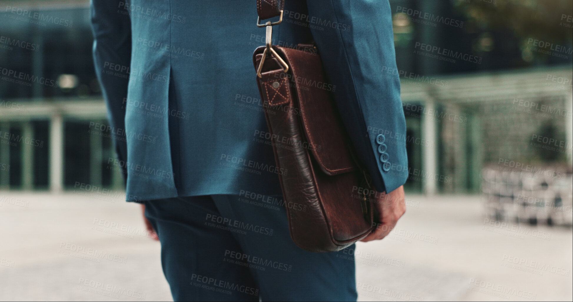 Buy stock photo Bag, city and commute with business person outdoor for start of work or travel to office from back. Journey, morning and opportunity with employee walking downtown for professional career closeup