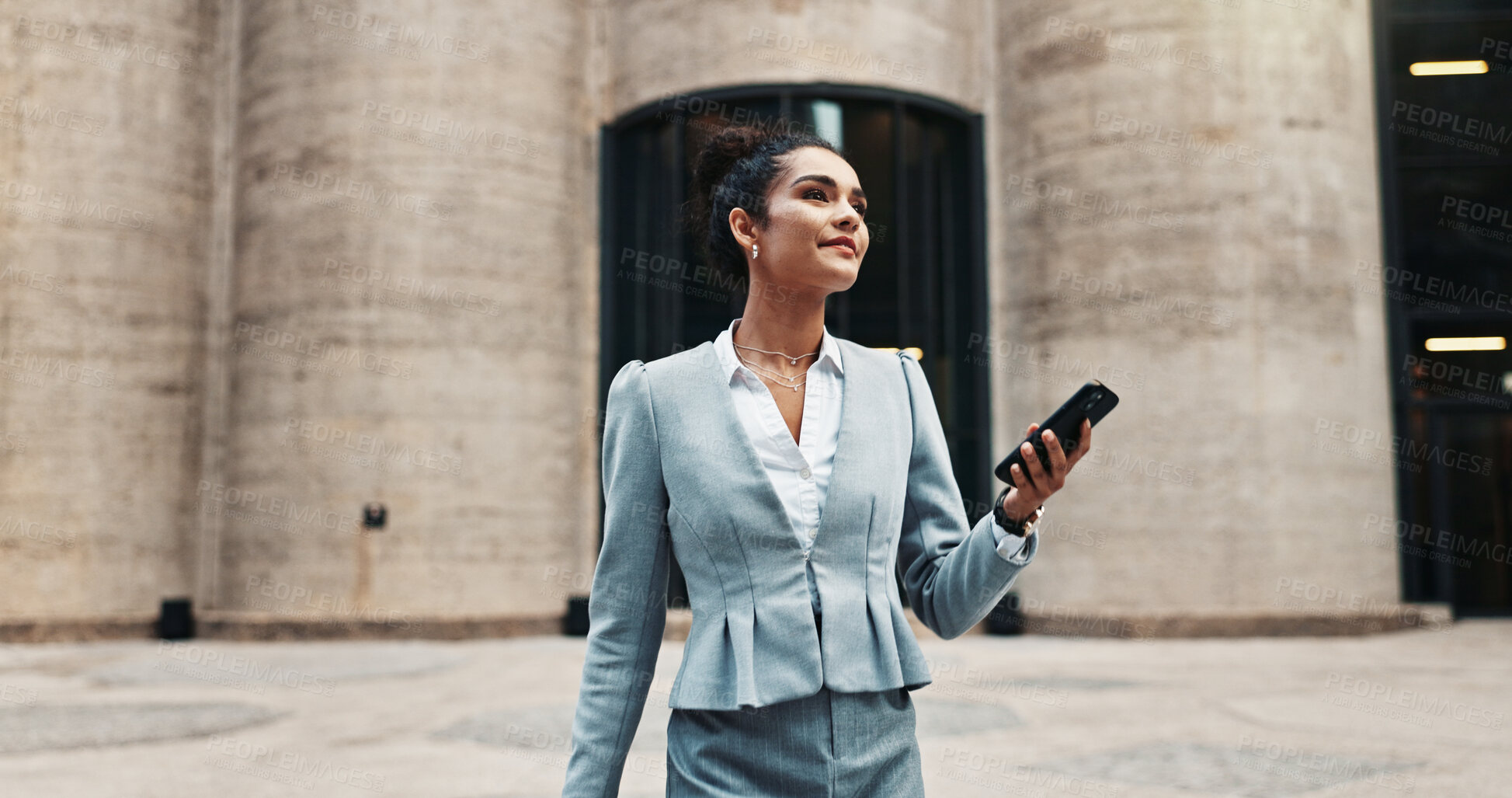 Buy stock photo Business woman, phone and search in city with digital map, direction and location on web for real estate job. Property developer, person and smartphone with mobile app, outdoor and texting in Brazil