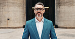 Serious, city and portrait of business man for travel, morning commute and career opportunity. Architecture, corporate and person with glasses for urban planning, engineering and property development