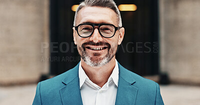 Buy stock photo Glasses, city and portrait of businessman with smile, confidence and pride for career opportunity. Happy, corporate and mature person for entrepreneur, company investor or financial job in urban town
