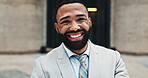 Corporate, city and portrait of business man with smile, confidence and pride for career opportunity. Happy, professional and face of person for entrepreneur, investor and financial job in town