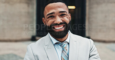 Buy stock photo Corporate, city and portrait of business man with smile, confidence and pride for career opportunity. Happy, professional and face of person for entrepreneur, investor and financial job in town