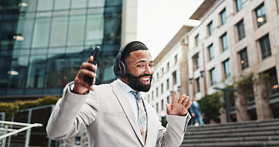 Buy stock photo Business, headphones and man in city, dancing and smile with audio, listening to music and energy. Happy person, worker and employee in street, cellphone and headset with sound, celebration and radio