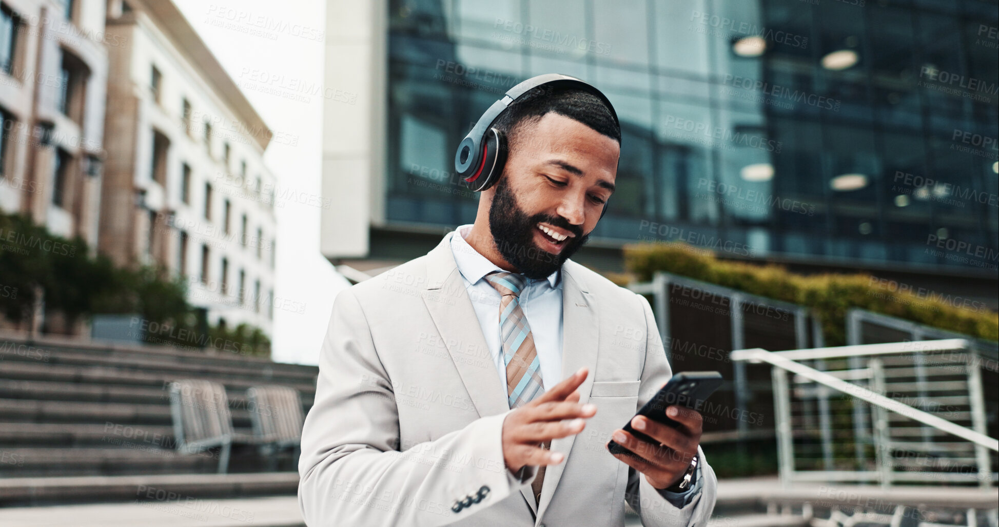 Buy stock photo Business, headphones and man in city, cellphone and smile with audio, listening to music and radio. Happy person, employee and consultant in street, smartphone and headset with sound and digital app