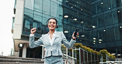 Buy stock photo Business, headphones and woman in city, celebration and smile with audio, listening to music and success. Happy person, dance and consultant with cellphone, promotion and headset with sound or radio