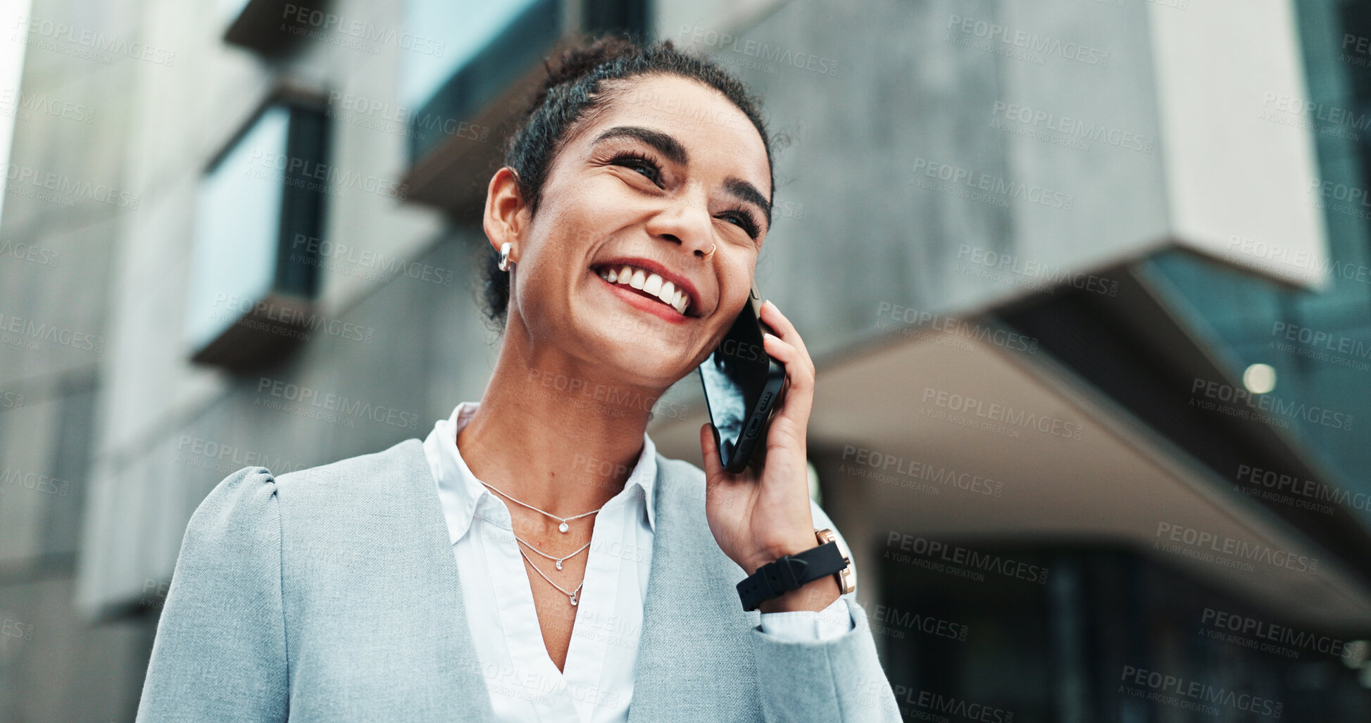 Buy stock photo Outdoor, phone call and happy business woman with real estate deal, investment and talking. City, worker and conversation on mobile with contact for building purchase, mortgage and thinking of sales