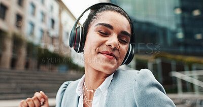 Buy stock photo Business, headphones and woman in city, dancing and success with celebration. Person, employee and consultant in workplace, headset and streaming for music, audio and sound with energy and smile