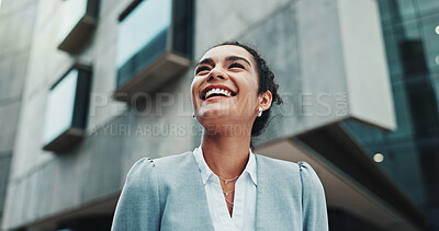 Buy stock photo Business, smile and woman in city, below and contemplation with wonder, urban town and travel. Happy person, financial advisor and consultant with planning, thinking and decision with choice or laugh