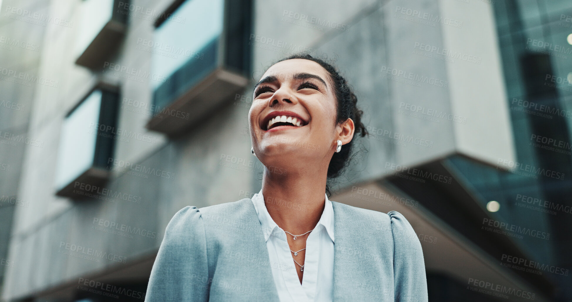 Buy stock photo Business, smile and woman in city, below and contemplation with wonder, urban town and travel. Happy person, financial advisor and consultant with planning, thinking and decision with choice or laugh