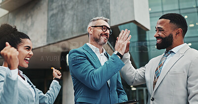 Buy stock photo Business people, high five and happy in city, group and support with deal for urban real estate sale. Men, woman and excited with goals, motivation and achievement for property development agency