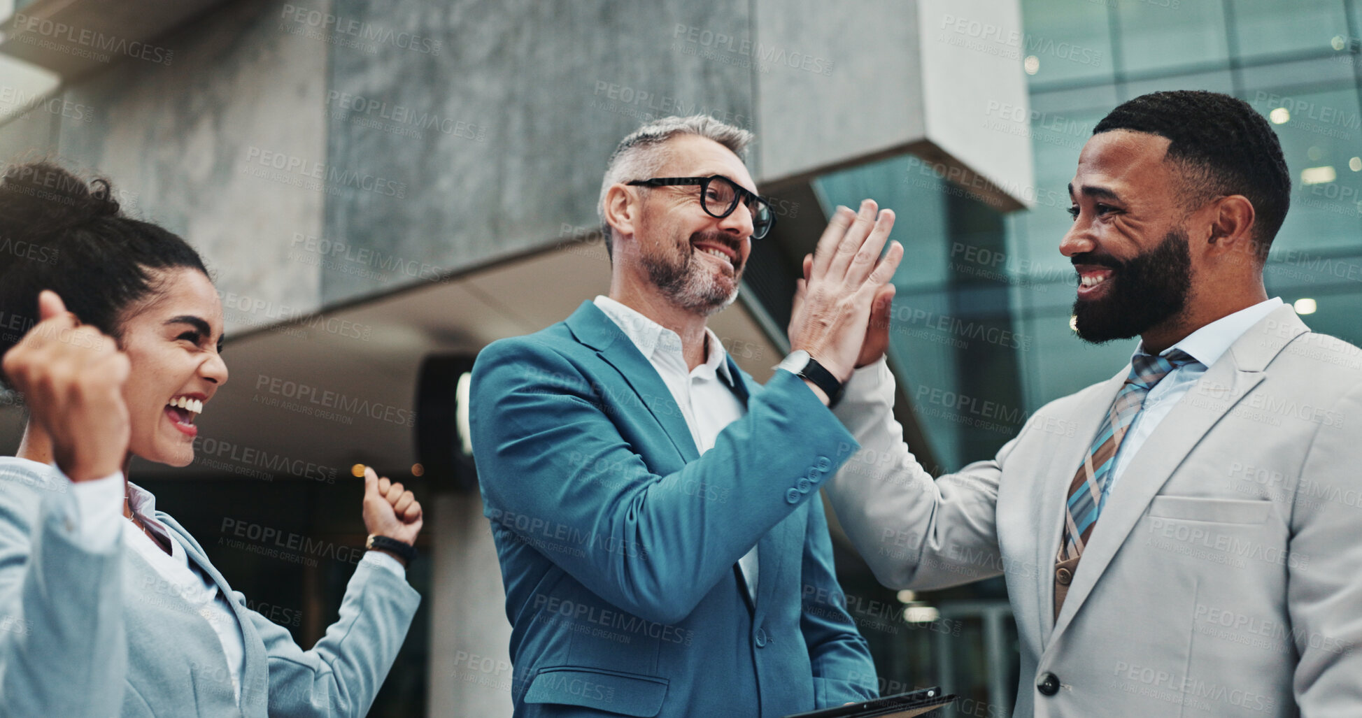 Buy stock photo Business people, high five and happy in city, group and support with deal for urban real estate sale. Men, woman and excited with goals, motivation and achievement for property development agency