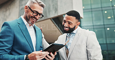 Buy stock photo Finance, smile or business people in city with tablet, news or review for feedback, project or sales. Mature account manager, teamwork or happy men with tech for collaboration, report or discussion