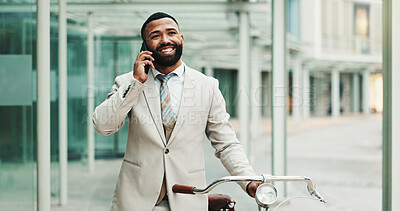 Buy stock photo City, phone call and businessman with bike for travel, eco friendly transport and thinking. Outdoor, walking and happy worker with bicycle with mobile, networking and listening to contact on commute