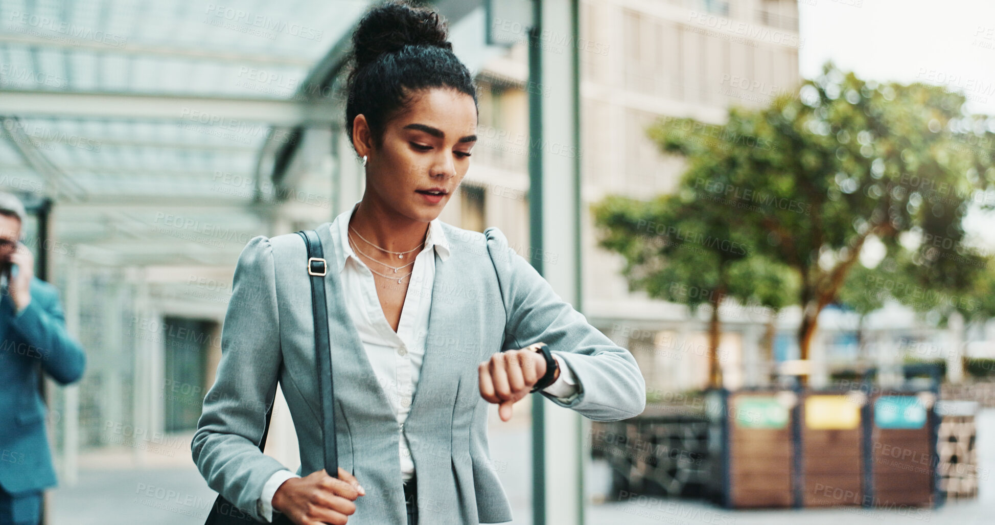 Buy stock photo Businesswoman, stress or check watch in city for time management, agenda or late for interview. Person, worry or outdoor with wristwatch for commute schedule, appointment or missed deadline in town