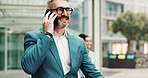 City, mobile call and mature businessman with deal, investment negotiation and thinking. Outdoor, happy manager and conversation on phone with contact for financial offer, news and travel on commute