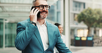 Buy stock photo City, mobile call and mature businessman with deal, investment negotiation and thinking. Outdoor, happy manager and conversation on phone with contact for financial offer, news and travel on commute