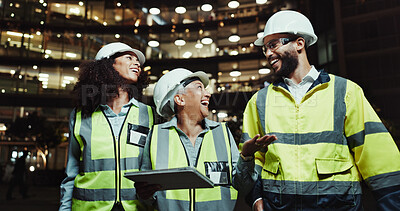 Buy stock photo Construction, teamwork and happy with tablet outdoor for urban expansion, city planning and site inspection at night. Maintenance, group and people with laughing for funny conversation and overtime