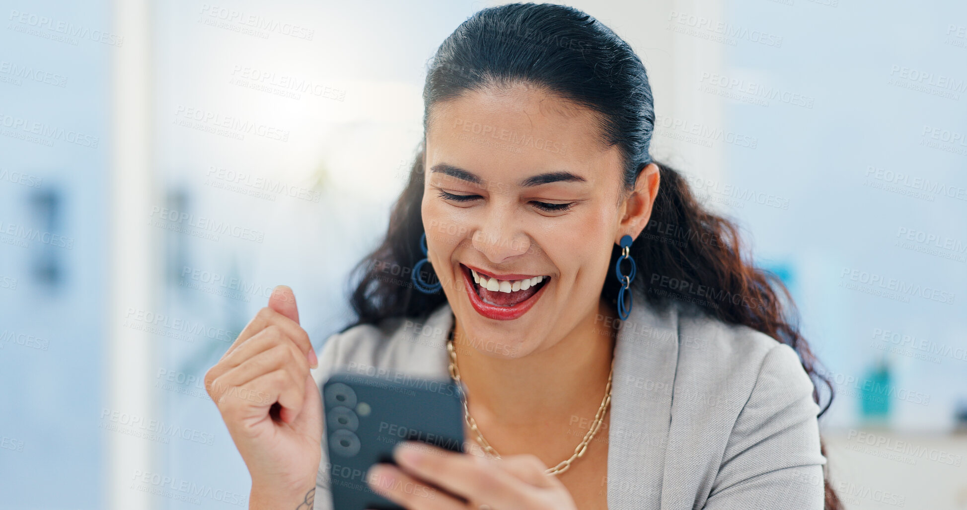 Buy stock photo Business, surprise or woman in office, smartphone or email with promotion, investment growth or success. Person, achievement or accountant in workplace, cellphone or message with loan approval or joy