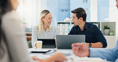 Buy stock photo Talking, laptop and teamwork with business people in meeting for advisor, investment portfolio and planning. Discussion, account manager and tablet with happy employees in office for partnership