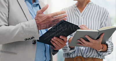 Buy stock photo Tablet, planning and teamwork with hands of business people in office for meeting, investment schedule and advisor. Finance report, budget review and partnership with employee writing in notebook