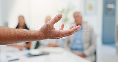 Buy stock photo Person, hand and meeting in office to explain, offer and show option in business. Speaker, arm and team in workplace for workshop, demonstration and gesture in presentation for feedback discussion