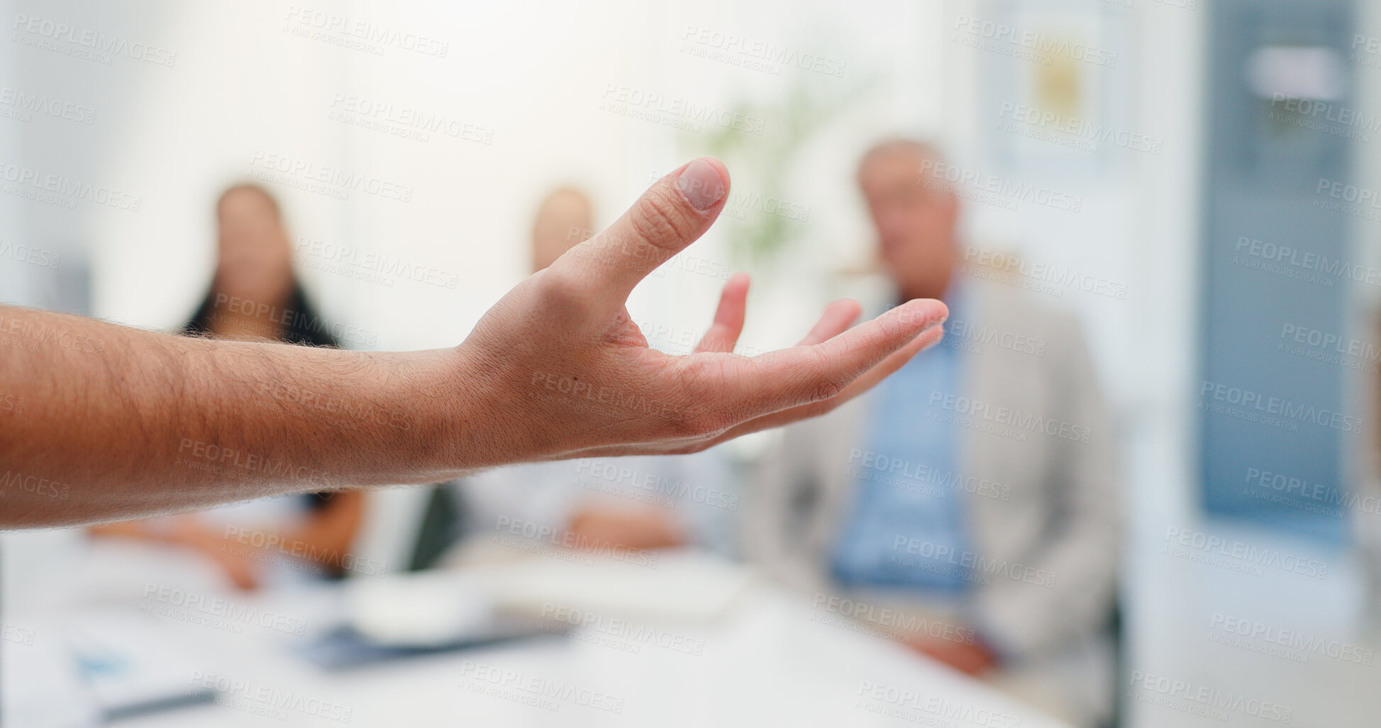 Buy stock photo Person, hand and meeting in office to explain, offer and show option in business. Speaker, arm and team in workplace for workshop, demonstration and gesture in presentation for feedback discussion
