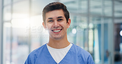 Buy stock photo Nurse, happy and portrait of man in hospital for medical service, medicine internship and studying. Healthcare, professional and face of med student with smile, confidence and ready for career