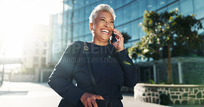 Buy stock photo Business, woman and laughing with phone call outdoor for funny client, investment feedback or good news. Financial manager, mature person and talking to investor for funding update on morning commute