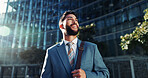 City, smile and thinking with business man in city for idea, inspiration or travel. Building, opportunity and vision with happy corporate professional outdoor in urban town for start of new job