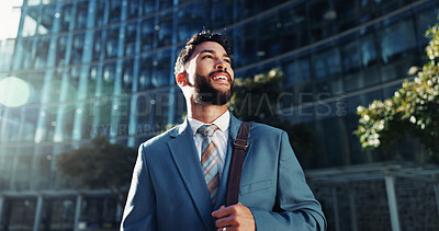 Buy stock photo City, smile and thinking with business man outdoor for idea, inspiration or travel. Building, opportunity and vision with happy corporate professional in New York town for career or job search