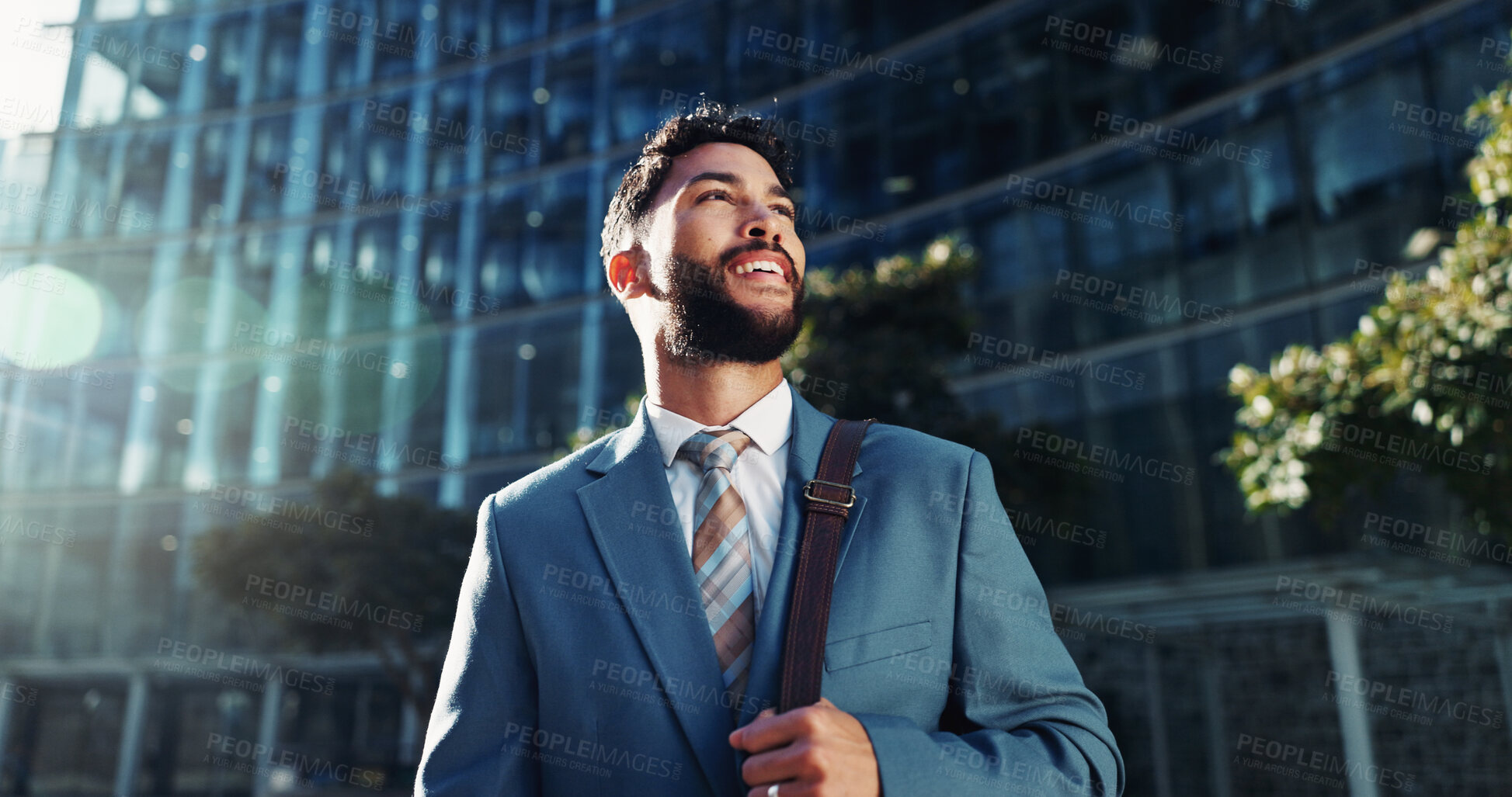 Buy stock photo City, smile and thinking with business man outdoor for idea, inspiration or travel. Building, opportunity and vision with happy corporate professional in New York town for career or job search