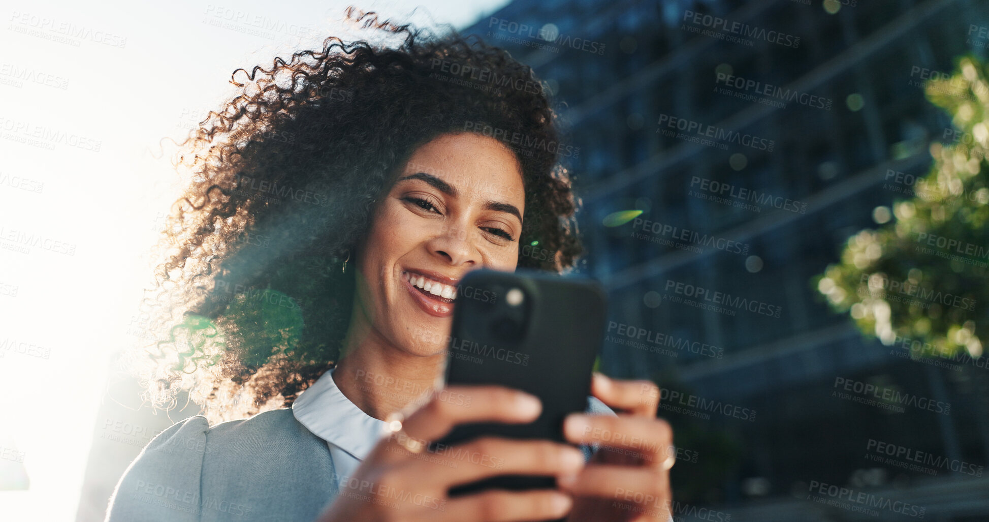 Buy stock photo Smile, phone and business with woman in city for stock market report, reading and invest on web. Trader portfolio, communication and client chat with low angle for mobile application and networking