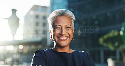 Buy stock photo Happy, employee and woman with ambition, outdoor and commuting to work in morning, social worker and road. City, human services professional and mature person on street, portrait and travel in Cuba