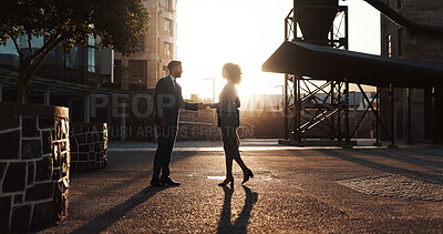 Buy stock photo Meeting, morning and business people with handshake in city for partnership, welcome and greeting. Professional, corporate and man and woman shaking hands for collaboration, onboarding and agreement