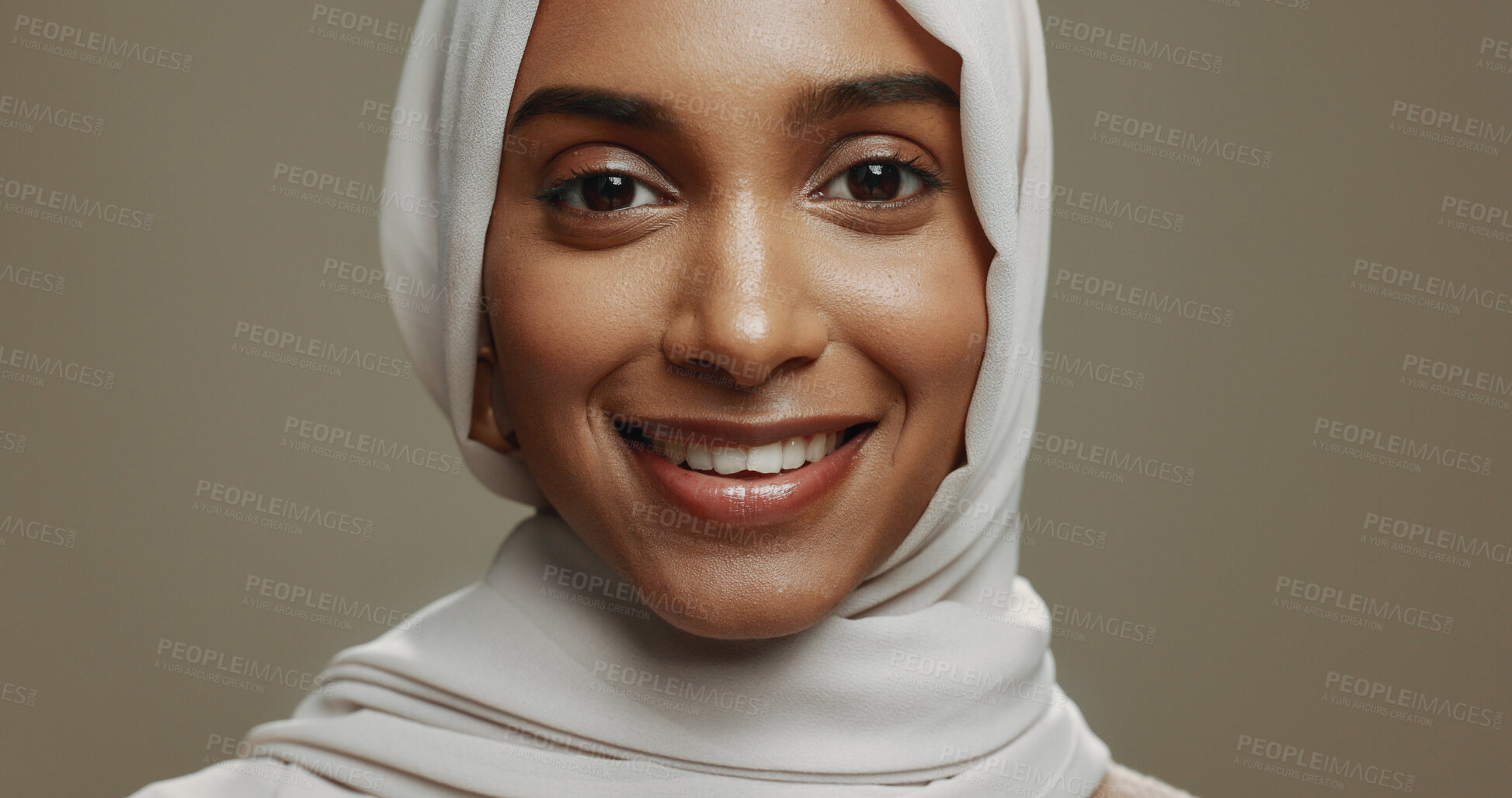 Buy stock photo Happy, portrait and woman with hijab in studio for Eid celebration with traditional Islamic culture. Smile, beauty and face of muslim female person with headscarf for ramadan by brown background.